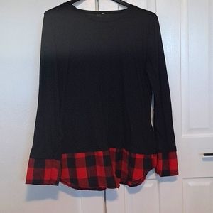 Black top with Buffalo plaid trim